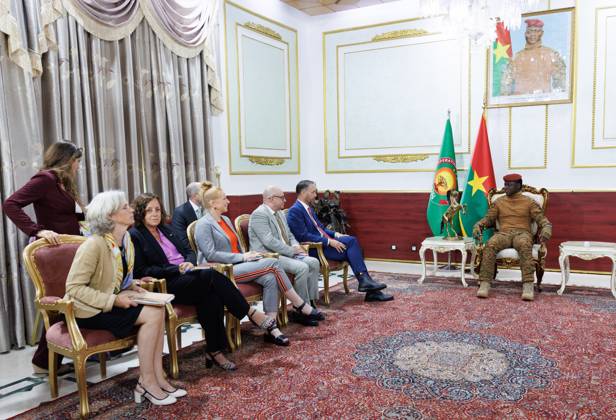 Belgian Ambassador to Burkina Faso Erwin De Wandel and Belgian Foreign Minister Maxime Prevot pictured during a meeting with Burkina Faso President Ibrahim Traore at Presidential palace on the second day of a diplomatic mission of Belgian Foreign Minister in the Sahel region, in Ouagadougou, Burkina Faso.  BENOITxDOPPAGNE 184471658