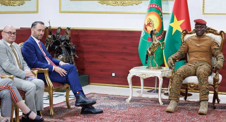 Belgian Ambassador to Burkina Faso Erwin De Wandel and Belgian Foreign Minister Maxime Prevot pictured during a meeting with Burkina Faso President Ibrahim Traore at Presidential palace of Koulouba on the second day of a diplomatic mission of Belgian Foreign Minister in the Sahel region, in Ouagadougou, Burkina Faso.  BENOITxDOPPAGNE 184471673
