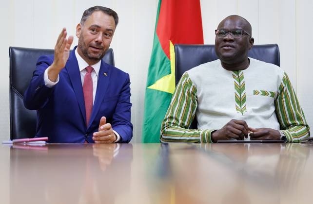 Belgian Foreign Minister Maxime Prevot and Burkina Faso Minister for the Economy and Finance Aboubakar Nacanabo pictured on the second day of a diplomatic mission of Belgian Foreign Minister in the Sahel region, in Ouagadougou, Burkina Faso.  BENOITxDOPPAGNE 184473319