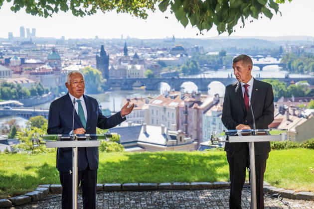 Czech Prime Minister Andrej Babis, right, and President of the European Council Antonio Costa, left, give the press conference after their meeting in Prague, Czech Republic, on August 27, 2026. (CTKxPhoto VitxSimanek) CTKPhotoP2026082703972  CTKPhotoP2026082703972