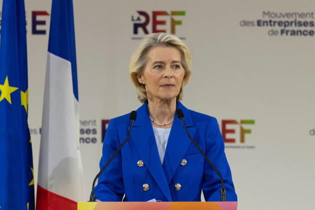 Second day of La REF 2026 meeting - Paris European Commission President Ursula von der Leyen during the La REF 2026 meeting of French entrepreneurs, organised by the MEDEF, France s main employers federation, at the Roland-Garros venue in Paris on August 27, 2026. Photo by Raphael Lafargue ABACAPRESS.COM Paris France  Copyright: xLafarguexRaphael ABACAx
