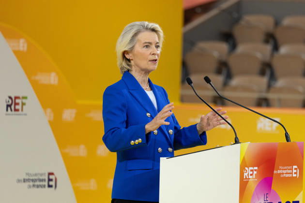 Second day of La REF 2026 meeting - Paris European Commission President Ursula von der Leyen during the La REF 2026 meeting of French entrepreneurs, organised by the MEDEF, France s main employers federation, at the Roland-Garros venue in Paris on August 27, 2026. Photo by Raphael Lafargue ABACAPRESS.COM Paris France Copyright: xLafarguexRaphael ABACAx