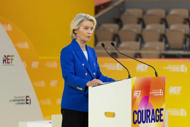 Second day of La REF 2026 meeting - Paris European Commission President Ursula von der Leyen during the La REF 2026 meeting of French entrepreneurs, organised by the MEDEF, France s main employers federation, at the Roland-Garros venue in Paris on August 27, 2026. Photo by Raphael Lafargue ABACAPRESS.COM Paris France  Copyright: xLafarguexRaphael ABACAx