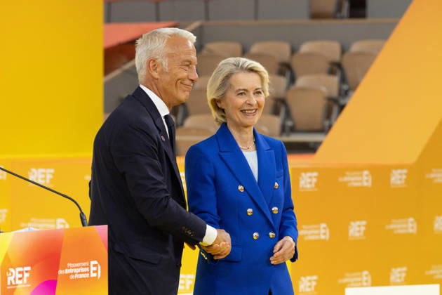 Second day of La REF 2026 meeting - Paris European Commission President Ursula von der Leyen, MEDEF president Patrick Martin during the La REF 2026 meeting of French entrepreneurs, organised by the MEDEF, France s main employers federation, at the Roland-Garros venue in Paris on August 27, 2026. Photo by Raphael Lafargue ABACAPRESS.COM Paris France  Copyright: xLafarguexRaphael ABACAx
