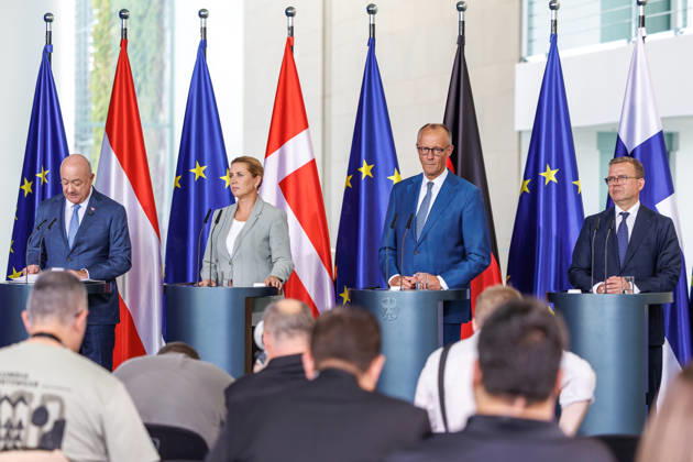 Meeting of the Heads of State and Government of Like-Minded Nations Meeting of the Heads of State and Government of Like-Minded Nations Chancellor Christian Stocker of Austria, Prime Minister Petteri Orpo of Finland, and Prime Minister Mette Frederiksen of Denmark at the Federal Chancellery in Berlin on August