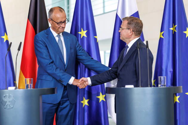 Meeting of the Heads of State and Government of Like-Minded Nations Meeting of the Heads of State and Government of Like-Minded Nations Chancellor Christian Stocker of Austria, Prime Minister Petteri Orpo of Finland, and Prime Minister Mette Frederiksen of Denmark at the Federal Chancellery in Berlin on August 27, 2026 Berlin, Berlin, Germany, Federal Chancellery