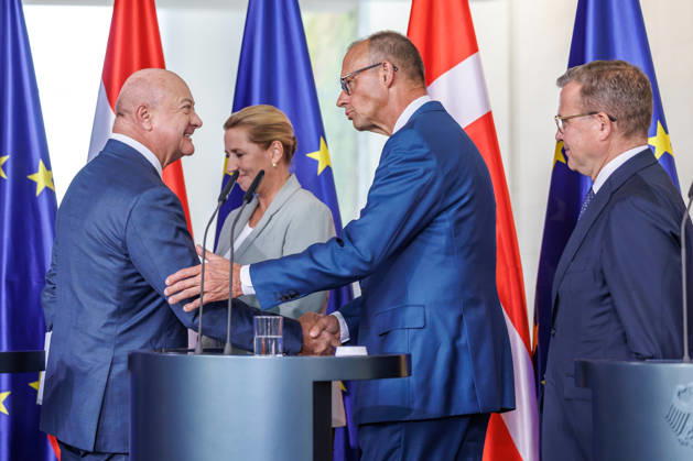 Meeting of the Heads of State and Government of Like-Minded Nations Meeting of the Heads of State and Government of Like-Minded Nations Chancellor Christian Stocker of Austria, Prime Minister Petteri Orpo of Finland, and Prime Minister Mette Frederiksen of Denmark at the Federal Chancellery in Berlin on August 27, 2026 Berlin, Berlin, Germany, Federal Chancellery