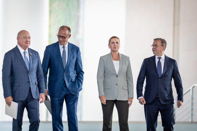 Christian Stocker, Chancellor of Austria; Friedrich Merz, Chancellor of Germany; Mette Frederiksen, Minister of State of Denmark; Petteri Orpo, Prime Minister of Finland (from left to right): Meeting of the heads of state and government of several like-minded EU member states regarding the next Multiannual Financial Framework at the Federal Chancellery, Berlin, Germany, Fed