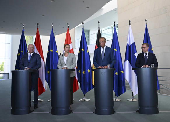 German Chancellor Merz hosts Austrian, Danish, and Finnish counterparts in Berlin BERLIN, GERMANY - AUGUST 27: (L-R) Chancellor of Austria Christian Stocker, Prime Minister of Denmark Mette Frederiksen, Chancellor of Germany Friedrich Merz, and Prime Minister of Finland Petteri Orpo attend a joint press conference following their quadripartite meeting at the Federal Chancellery in Berlin, Germany, on August 27, 2026. The European leaders met to discuss regional security, European Union policies, and economic cooperation. Halil Sagirkaya Anadolu Berlin Germany. Editorial use only. Please get in touch for any other usage.  Copyright: x2026xAnadoluxHalilxSagirkayax