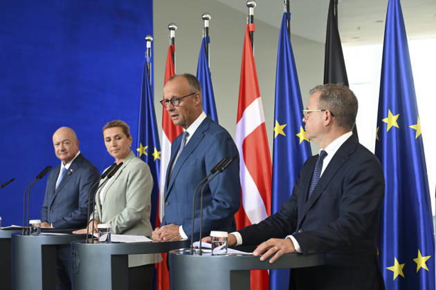 German Chancellor Merz hosts Austrian, Danish, and Finnish counterparts in Berlin BERLIN, GERMANY - AUGUST 27: (L-R) Chancellor of Austria Christian Stocker, Prime Minister of Denmark Mette Frederiksen, Chancellor of Germany Friedrich Merz, and Prime Minister of Finland Petteri Orpo attend a joint press conference following their quadripartite meeting at the Federal Chancellery in Berlin, Germany, on August 27, 2026. The European leaders met to discuss regional security, European Union policies, and economic cooperation. Halil Sagirkaya Anadolu Berlin Germany. Editorial use only. Please get in touch for any other usage.  Copyright: x2026xAnadoluxHalilxSagirkayax