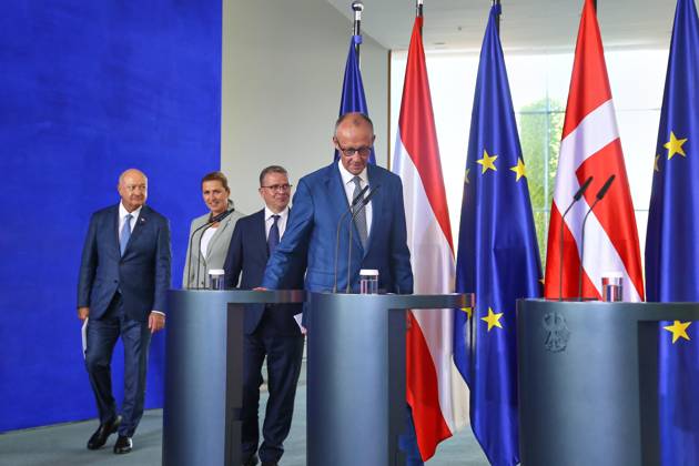 Berlin, Germany, August 27, 2026; Federal Chancellery: Reception of like-minded heads of government for consultations on the EU financial framework: L R Christian Stocker (Austria), Mette Frederiksen (Denmark), Petteri Orpo (Finland), Federal Chancellor Friedrich Merz (CDU, Germany) Copyright: xdtsxNachrichtenagenturx dts_131445