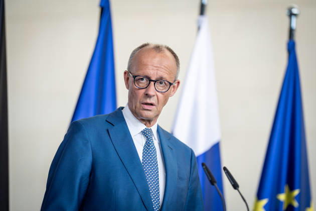 Chancellor Friedrich Merz during the joint press conference following a meeting of the heads of state and government of several like-minded EU countries on the next Multiannual Financial Framework at the Federal Chancellery, Berlin, Germany; Federal Chancellery