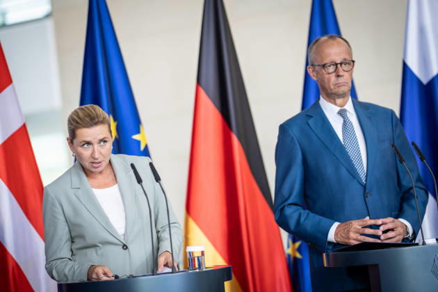 Chancellor Friedrich Merz with Mette Frederiksen, Minister of State of Denmark, during the joint press statement following a meeting of the heads of state and government of several like-minded EU member states on the next Multiannual Financial Framework at the Federal Chancellery, Berlin, Germany, Federal Chancellery