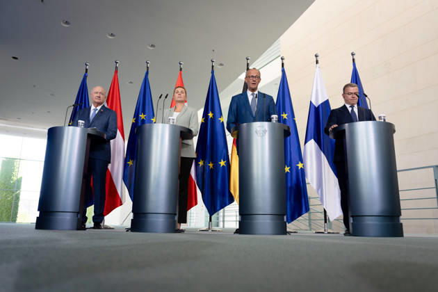 Chancellery, Like-Minded States Meeting, Berlin, Chancellery, Press Conference, Federal Chancellor, Friedrich Merz, Federal Chancellor, Christian Stocker, Austria, Prime Minister, Petteri Orpo, Finland, Prime Minister, Mette Frederiksen, Denmark, Berlin, Berlin, GER