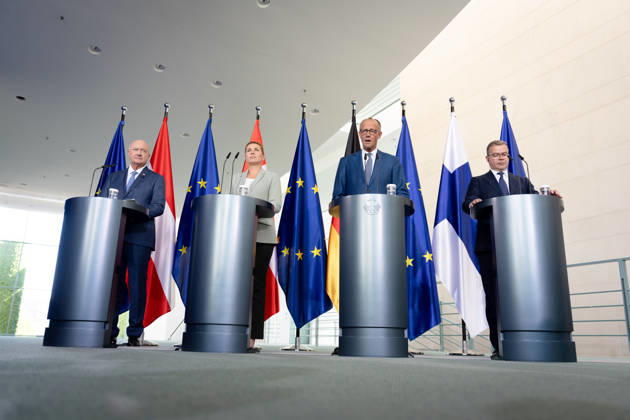 Chancellery, Like-Minded States Meeting, Berlin, Chancellery, Press Conference, Federal Chancellor, Friedrich Merz, Federal Chancellor, Christian Stocker, Austria, Prime Minister, Petteri Orpo, Finland, Prime Minister, Mette Frederiksen, Denmark, Berlin, Berlin, GER