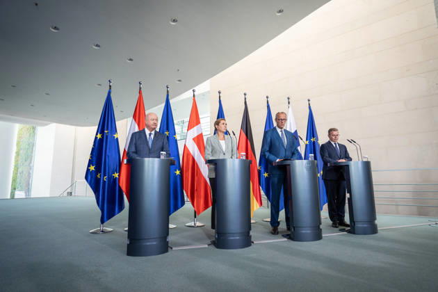 Christian Stocker, Chancellor of Austria; Friedrich Merz, Chancellor of Germany; Mette Frederiksen, Minister of State of Denmark; Petteri Orpo, Prime Minister of Finland (from left to right): Meeting of the heads of state and government of several like-minded EU member states regarding the next Multiannual Financial Framework at the Federal Chancellery, Berlin, Germany, Fed