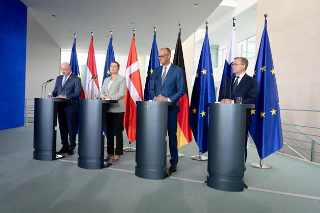 Chancellery, Like-Minded States Meeting, Berlin, Chancellery, Press Conference, Federal Chancellor, Friedrich Merz, Federal Chancellor, Christian Stocker, Austria, Prime Minister, Petteri Orpo, Finland, Prime Minister, Mette Frederiksen, Denmark, Berlin, Berlin, GER