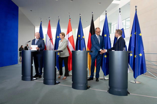 Chancellery, Like-Minded States Meeting, Berlin, Chancellery, Press Conference, Federal Chancellor, Friedrich Merz, Federal Chancellor, Christian Stocker, Austria, Prime Minister, Petteri Orpo, Finland, Prime Minister, Mette Frederiksen, Denmark, Berlin, Berlin, GER