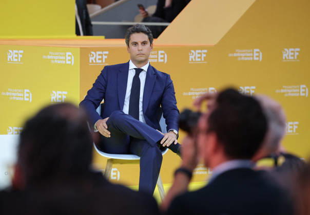 REF Medef - Presidential Debate General Secretary of French centrist party Renaissance Gabriel Attal at the presidential debate during the La REF 2026 meeting of French entrepreneurs, organised by the MEDEF, France s main employers federation, at the Roland-Garros venue in Paris, France on August 27, 2026. Photo by Raphael Lafargue ABACAPRESS.COM Paris France  Copyright: xLafarguexRaphael ABACAx