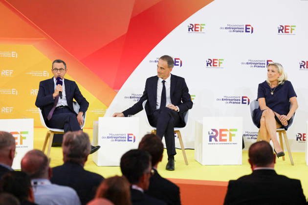 REF Medef - Presidential Debate President of the political party The Republicans LR Bruno Retailleau, French centre-left party Place publique s leader Raphael Glucksmann, President of the Rassemblement National party Marine Le Pen at the presidential debate during the La REF 2026 meeting of French entrepreneurs, organised by the MEDEF, France s main employers federation, at the Roland-Garros venue in Paris, France on August 27, 2026. Photo by Raphael Lafargue ABACAPRESS.COM Paris France  Copyright: xLafarguexRaphael ABACAx