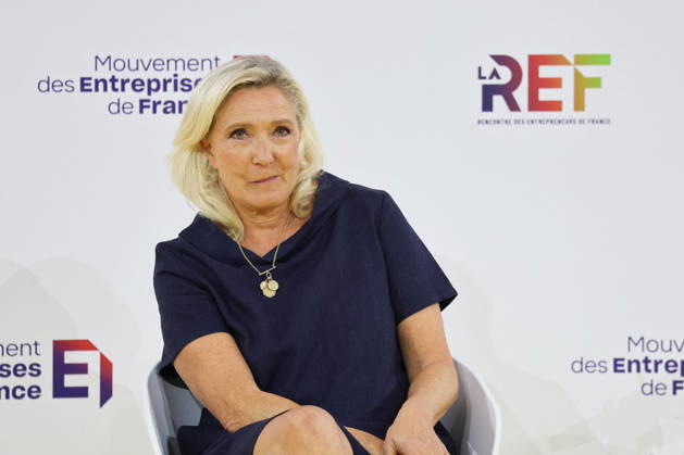 REF Medef - Presidential Debate President of the Rassemblement National party Marine Le Pen at the presidential debate during the La REF 2026 meeting of French entrepreneurs, organised by the MEDEF, France s main employers federation, at the Roland-Garros venue in Paris, France on August 27, 2026. Photo by Raphael Lafargue ABACAPRESS.COM Paris France  Copyright: xLafarguexRaphael ABACAx