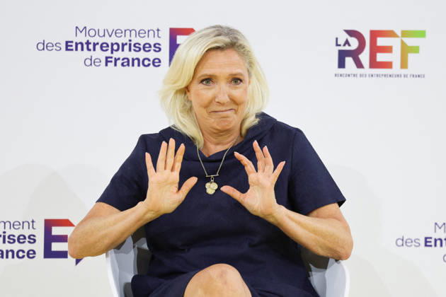 REF Medef - Presidential Debate President of the Rassemblement National party Marine Le Pen at the presidential debate during the La REF 2026 meeting of French entrepreneurs, organised by the MEDEF, France s main employers federation, at the Roland-Garros venue in Paris, France on August 27, 2026. Photo by Raphael Lafargue ABACAPRESS.COM Paris France  Copyright: xLafarguexRaphael ABACAx