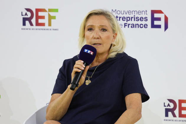 REF Medef - Presidential Debate President of the Rassemblement National party Marine Le Pen at the presidential debate during the La REF 2026 meeting of French entrepreneurs, organised by the MEDEF, France s main employers federation, at the Roland-Garros venue in Paris, France on August 27, 2026. Photo by Raphael Lafargue ABACAPRESS.COM Paris France  Copyright: xLafarguexRaphael ABACAx