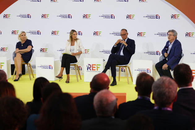 REF Medef - Presidential Debate President of the Rassemblement National party Marine Le Pen, French right-wing party Horizons founder and president, Mayor of Le Havre Edouard Philippe, Leader of the La France Insoumise party Jean-Luc Melenchon at the presidential debate during the La REF 2026 meeting of French entrepreneurs, organised by the MEDEF, France s main employers federation, at the Roland-Garros venue in Paris, France on August 27, 2026. Photo by Raphael Lafargue ABACAPRESS.COM Paris France  Copyright: xLafarguexRaphael ABACAx