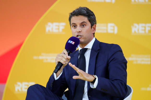 REF Medef - Presidential Debate General Secretary of French centrist party Renaissance Gabriel Attal at the presidential debate during the La REF 2026 meeting of French entrepreneurs, organised by the MEDEF, France s main employers federation, at the Roland-Garros venue in Paris, France on August 27, 2026. Photo by Raphael Lafargue ABACAPRESS.COM Paris France  Copyright: xLafarguexRaphael ABACAx