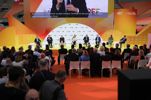 REF Medef - Presidential Debate President of the political party The Republicans LR Bruno Retailleau, French centre-left party Place publique s leader Raphael Glucksman, President of the Rassemblement National party Marine Le Pen, French right-wing party Horizons founder and president, Mayor of Le Havre Edouard Philippe, Leader of the La France Insoumise party Jean-Luc Melenchon, National secretary of French left-wing The Ecologistes party Marine Tondelier, General Secretary of French centrist party Renaissance Gabriel Attal at the presidential debate during the La REF 2026 meeting of French entrepreneurs, organised by the MEDEF, France s main employers federation, at the Roland-Garros venue in Paris, France on August 27, 2026. Photo by Rap  Copyright: xLafarguexRaphael ABACAx