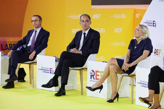 REF Medef - Presidential Debate President of the political party The Republicans LR Bruno Retailleau, French centre-left party Place publique s leader Raphael Glucksmann and President of the Rassemblement National party Marine Le Pen at the presidential debate during the La REF 2026 meeting of French entrepreneurs, organised by the MEDEF, France s main employers federation, at the Roland-Garros venue in Paris, France on August 27, 2026. Photo by Raphael Lafargue ABACAPRESS.COM Paris France  Copyright: xLafarguexRaphael ABACAx