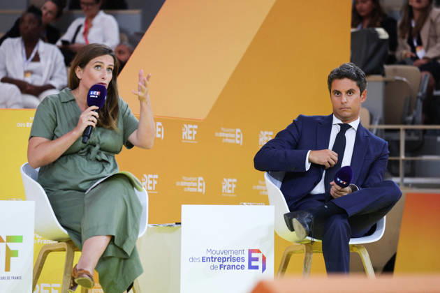 REF Medef - Presidential Debate National secretary of French left-wing The Ecologistes party Marine Tondelier and General Secretary of French centrist party Renaissance Gabriel Attal at the presidential debate during the La REF 2026 meeting of French entrepreneurs, organised by the MEDEF, France s main employers federation, at the Roland-Garros venue in Paris, France on August 27, 2026. Photo by Raphael Lafargue ABACAPRESS.COM Paris France  Copyright: xLafarguexRaphael ABACAx