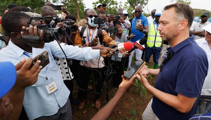 Belgian Foreign Minister Maxime Prevot pictured during a visit of the agroecological farm (FAO) in Korsimoro on the second day of a diplomatic mission of Belgian Foreign Minister in the Sahel region, in Ouagadougou, Burkina Faso.  BENOITxDOPPAGNE 184500906