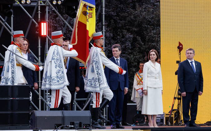 MOLDOVA, CHISINAU - AUGUST 27, 2026: Moldova’s President Maia Sandu (2nd R) attends a military parade marking 35 years of Moldova’s independence. More than 2,000 soldiers and military officers took part in the parade that featured more than 100 pieces of military and special hardware, including armoured vehicles, drones and other armaments provided by NATO member states. Vadim Denisov TASS  96705579