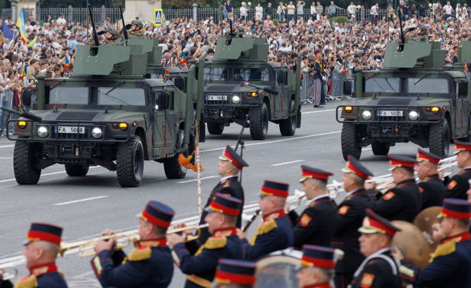 MOLDOVA, CHISINAU - AUGUST 27, 2026: A military parade marking 35 years of Moldova’s independence. More than 2,000 soldiers and military officers took part in the parade that featured more than 100 pieces of military and special hardware, including armoured vehicles, drones and other armaments provided by NATO member states. Vadim Denisov TASS  96705713