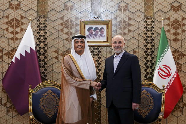 Qatar and Iran Discuss Diplomacy Qatar™s Prime Minister and Foreign Minister Sheikh Mohammed bin Abdulrahman bin Jassim Al Thani shakes hands with Iranian Parliament Speaker Mohammad Bagher Ghalibaf as they pose between the Qatari and Iranian flags in Tehran, Iran, on August 27, 2026. The two officials discussed regional developments, efforts to reduce tensions, and ways to create conditions for the resumption of diplomatic dialogue, with the Qatari prime minister stressing that diplomacy remained the best means of resolving disputes and preventing further escalation. Tehran Tehran Iran Copyright: xHamedxMalekpourx