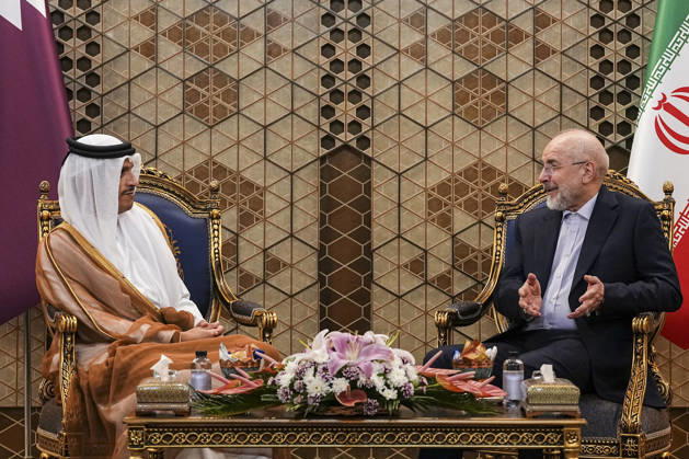 Qatar and Iran Discuss Diplomacy Iranian Parliament Speaker Mohammad Bagher Ghalibaf gestures while speaking with Qatar™s Prime Minister and Foreign Minister Sheikh Mohammed bin Abdulrahman bin Jassim Al Thani during their meeting in Tehran, Iran, on August 27, 2026. The two officials discussed regional developments, efforts to reduce tensions, and ways to create conditions for the resumption of diplomatic dialogue, with the Qatari prime minister stressing that diplomacy remained the best means of resolving disputes and preventing further escalation. Tehran Tehran Iran Copyright: xHamedxMalekpourx