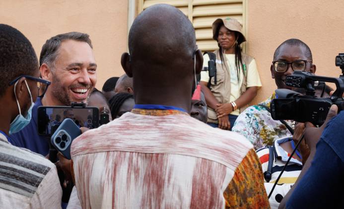 Belgian Foreign Minister Maxime Prevot pictured during a visit of the site for internally displaced persons (IDP) in Kaya on the second day of a diplomatic mission of Belgian Foreign Minister in the Sahel region, in Ouagadougou, Burkina Faso.  BENOITxDOPPAGNE 184535177
