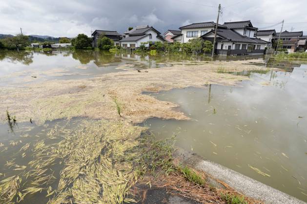 Torrential rain in central Japan Photo taken on Aug. 28, 2026, shows a submerged residential area in Himi in Toyama Prefecture, central Japan, following torrential rain.  A14AA0005626745P