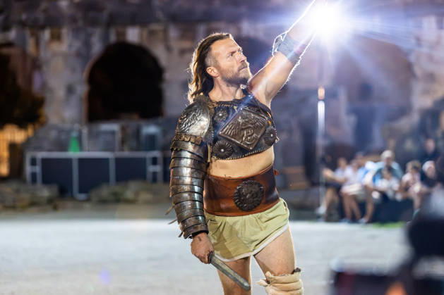 Gladiator fights in Pula, Croatia Members of gladiator school Spectacvla Gladiatoria dressed as Roman gladiators perform a staged combat demonstration during the event Spectacvla Antiqva at the Arena of Pula on August 27, 2026. in Pula, Croatia.  SreckoxNiketic PIXSELL