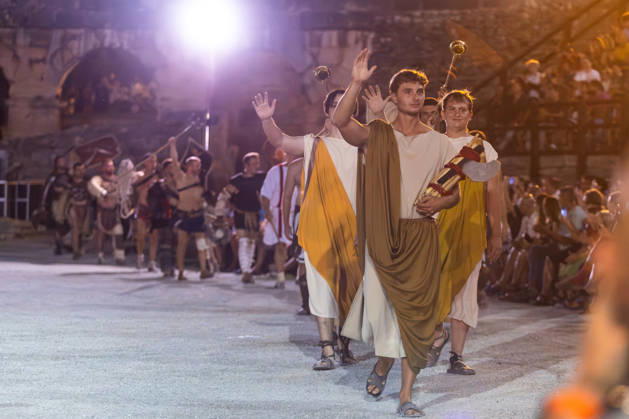 Gladiator fights in Pula, Croatia Members of gladiator school Spectacvla Gladiatoria dressed as Roman gladiators perform a staged combat demonstration during the event Spectacvla Antiqva at the Arena of Pula on August 27, 2026. in Pula, Croatia.  SreckoxNiketic PIXSELL