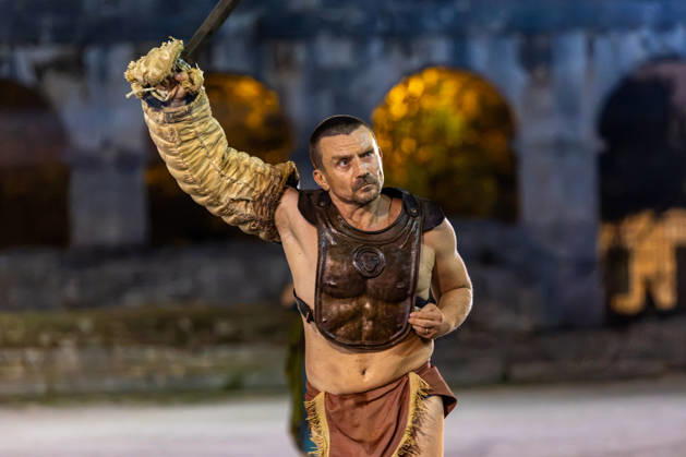Gladiator fights in Pula, Croatia Members of gladiator school Spectacvla Gladiatoria dressed as Roman gladiators perform a staged combat demonstration during the event Spectacvla Antiqva at the Arena of Pula on August 27, 2026. in Pula, Croatia.  SreckoxNiketic PIXSELL