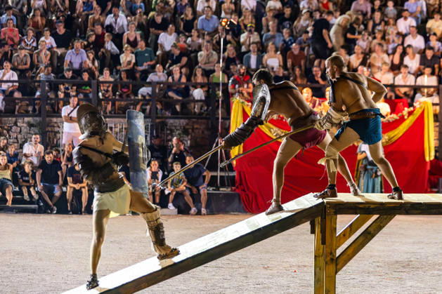 Gladiator fights in Pula, Croatia Members of gladiator school Spectacvla Gladiatoria dressed as Roman gladiators perform a staged combat demonstration during the event Spectacvla Antiqva at the Arena of Pula on August 27, 2026. in Pula, Croatia.  SreckoxNiketic PIXSELL