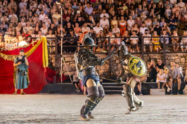 Gladiator fights in Pula, Croatia Members of gladiator school Spectacvla Gladiatoria dressed as Roman gladiators perform a staged combat demonstration during the event Spectacvla Antiqva at the Arena of Pula on August 27, 2026. in Pula, Croatia.  SreckoxNiketic PIXSELL