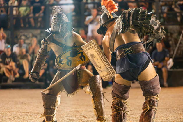 Gladiator fights in Pula, Croatia Members of gladiator school Spectacvla Gladiatoria dressed as Roman gladiators perform a staged combat demonstration during the event Spectacvla Antiqva at the Arena of Pula on August 27, 2026. in Pula, Croatia.  SreckoxNiketic PIXSELL