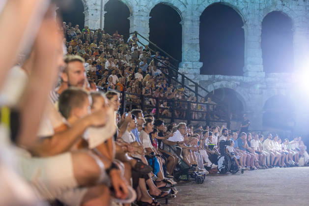 Gladiator fights in Pula, Croatia Members of gladiator school Spectacvla Gladiatoria dressed as Roman gladiators perform a staged combat demonstration during the event Spectacvla Antiqva at the Arena of Pula on August 27, 2026. in Pula, Croatia.  SreckoxNiketic PIXSELL