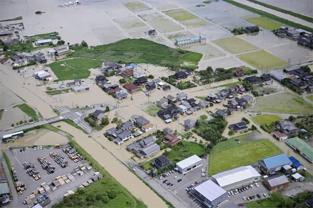 Torrential rain in central Japan Photo taken from a Kyodo News helicopter on Aug. 28, 2026, shows a submerged area in Himi in Toyama Prefecture, central Japan, following torrential rain.  A14AA0005626750P