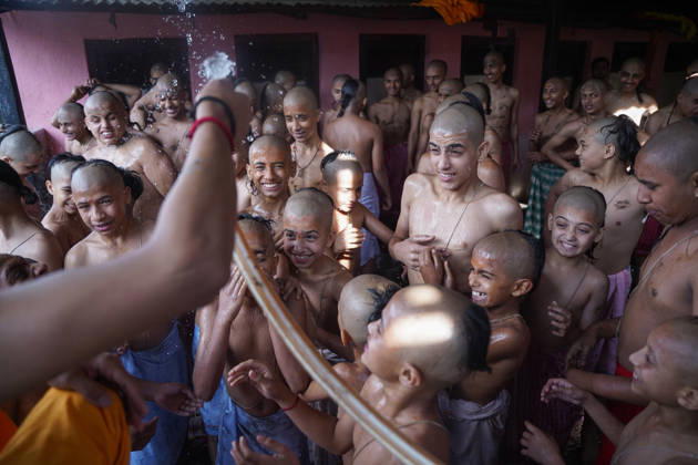 August 28, 2026, Kathmandu, Bagmati, Nepal: On the occasion of Raksha Bandhan and Janai Purnima, observed on the full moon day of the bright fortnight of the Nepali month of Shrawan, young students at Pashupatiâ€⠢s Veda Vidyashram began their religious rituals and fasting early in the morning after taking a bath...On this day, those who wear the sacred thread traditionally change their Janai, also known as Yagyopavit. For this, they shave their heads the previous day and observe a fast by eating only one meal, maintaining purity. Kathmandu Nepal - ZUMAa308 20260828_znp_a308_008 Copyright: xChandraxBahadurxAlex