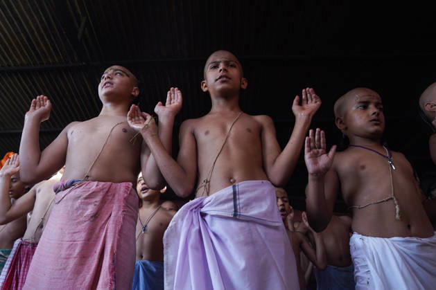 August 28, 2026, Kathmandu, Bagmati, Nepal: On the occasion of Raksha Bandhan and Janai Purnima, observed on the full moon day of the bright fortnight of the Nepali month of Shrawan, young students at Pashupatiâ€⠢s Veda Vidyashram began their religious rituals and fasting early in the morning after taking a bath...On this day, those who wear the sacred thread traditionally change their Janai, also known as Yagyopavit. For this, they shave their heads the previous day and observe a fast by eating only one meal, maintaining purity. Kathmandu Nepal - ZUMAa308 20260828_znp_a308_009 Copyright: xChandraxBahadurxAlex