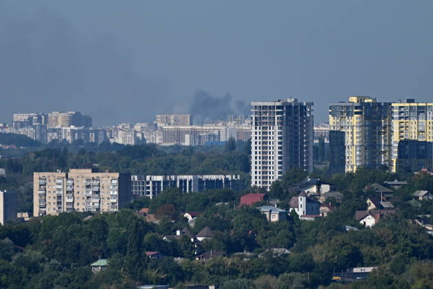 August 28, 2026, Vyshneve, Ukraine: Smoke rises from fires in warehouses damaged by Russian drone strikes. Russian forces launched a massive attack on Kyiv region with drones, hitting warehouses. Vyshneve Ukraine  - ZUMAs197 20260828_aaa_s197_028 Copyright: xAleksandrxGusevx